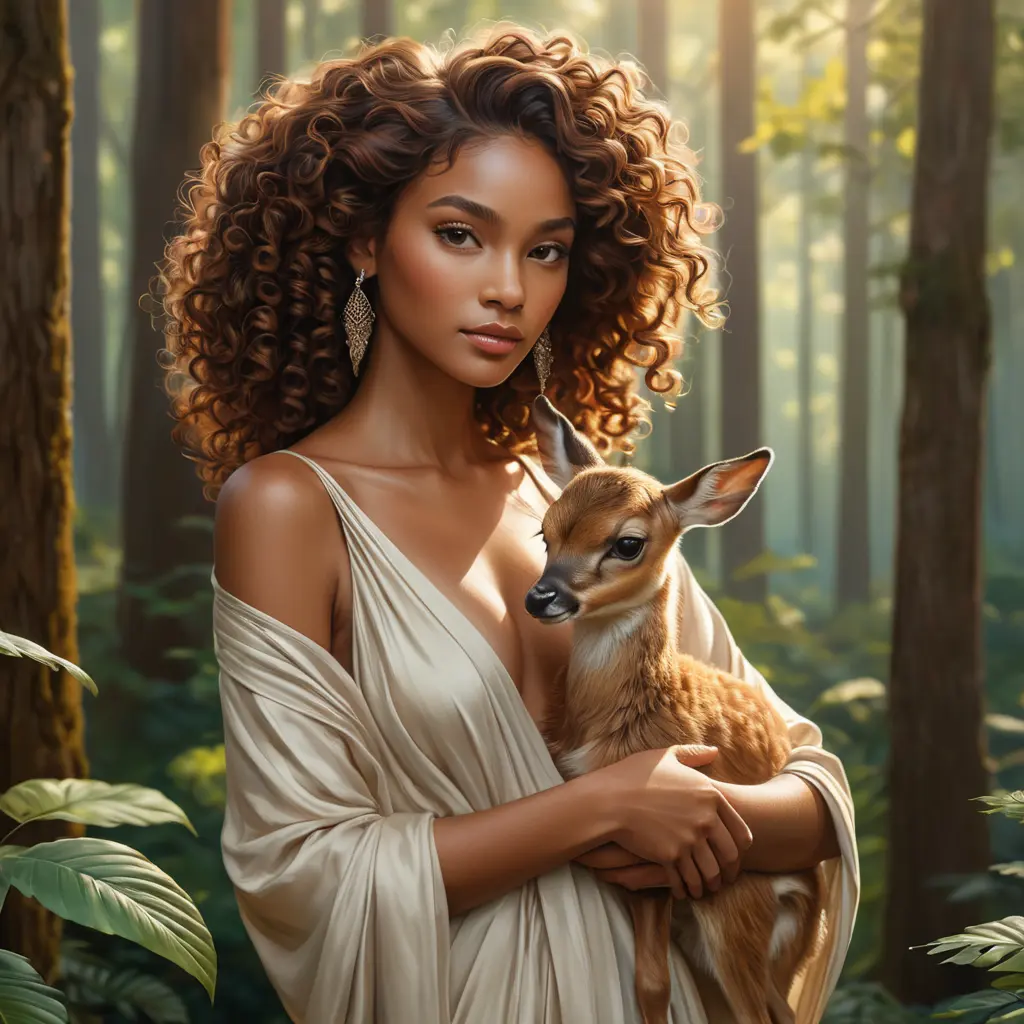 A captivating vision of a woman with warm brown skin and mahogany curls, cradling a small fawn in her arms while surrounded by a lush, sunlit forest, dressed in simple yet elegant earth-toned garments., Highly Detailed, Half Body, Gorgeous, Stunning, Elegant by Stanley Artgerm Lau