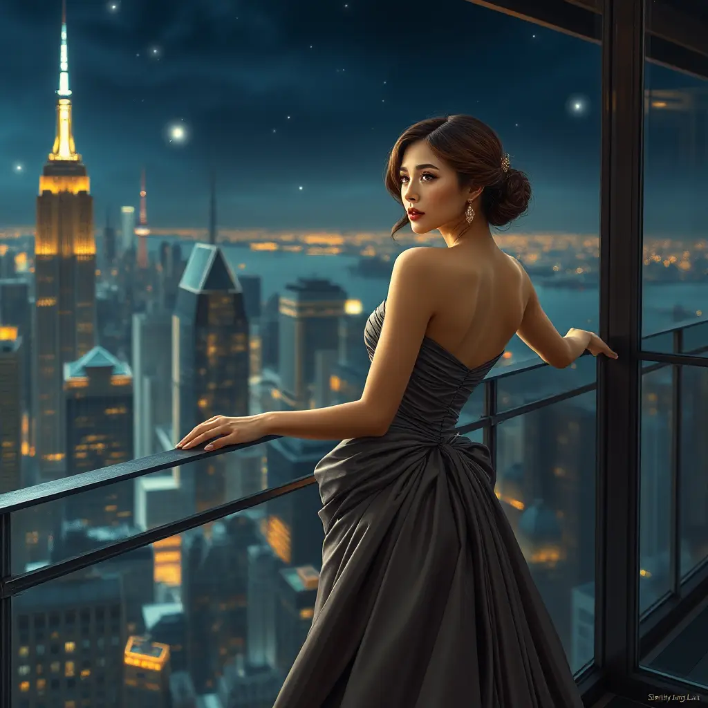 A sophisticated woman in a luxurious, flowing gown, standing on a balcony overlooking a grand cityscape at night, her expression thoughtful, city lights twinkling like stars behind her., Highly Detailed, Half Body, Gorgeous, Stunning, Elegant by Stanley Artgerm Lau