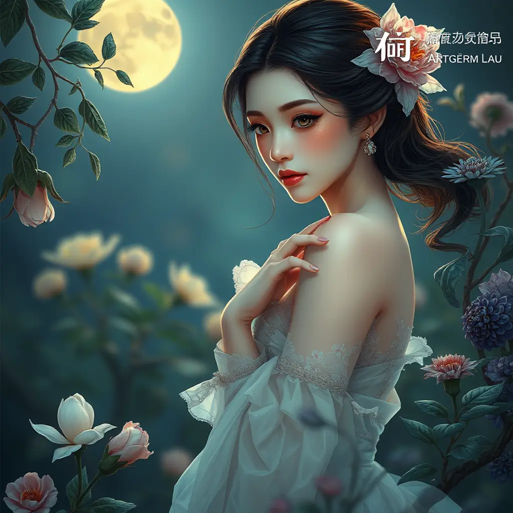 A serene and ethereal woman with delicate, petal-like features, amidst a moonlit garden, Highly Detailed, Half Body, Gorgeous, Stunning, Elegant by Stanley Artgerm Lau