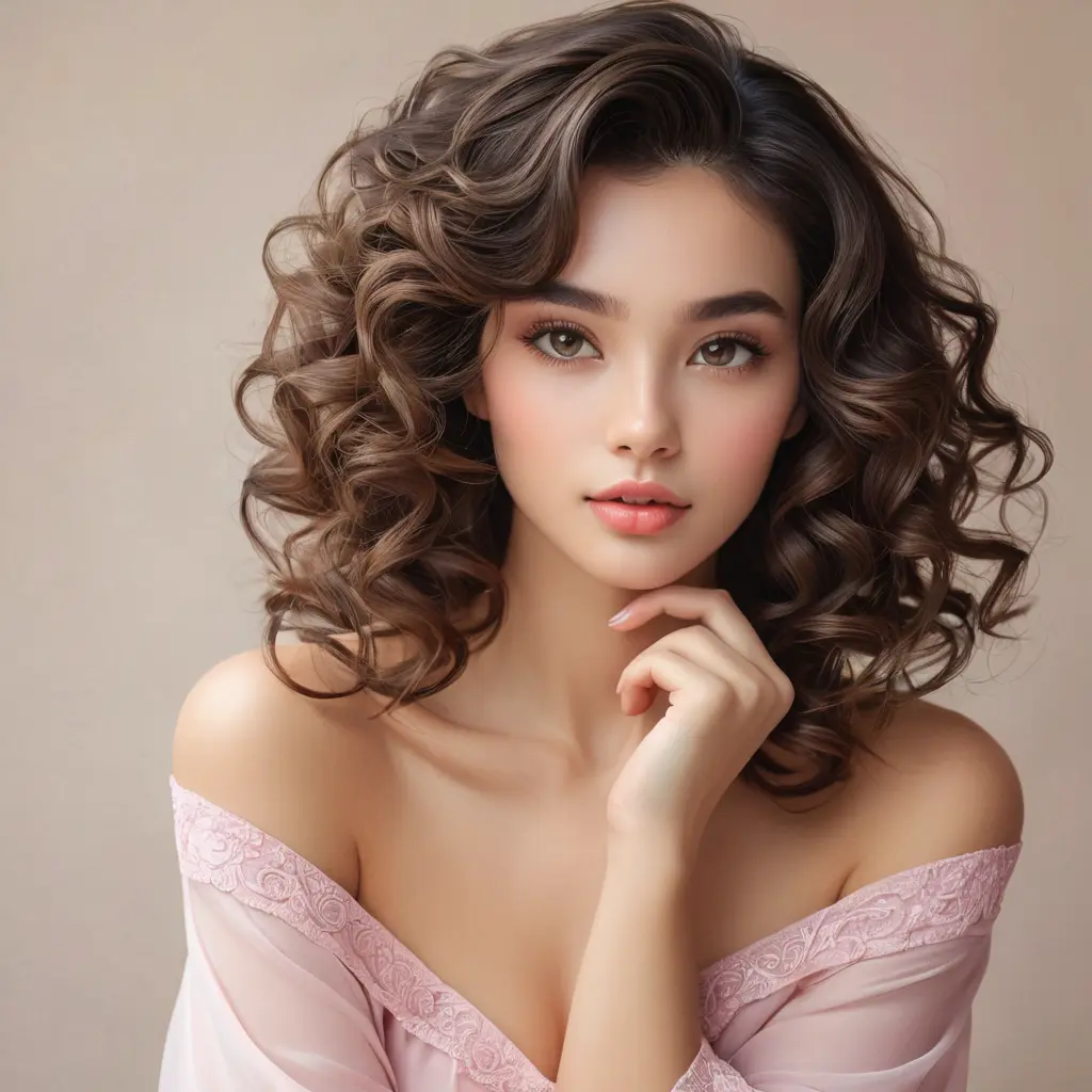 An elegant brunette with soft curls framing her face, dressed in a pastel pink丝绸衫搭配白色短裤，优雅地坐在一把藤椅上，手中拿着一本书, Highly Detailed, Half Body, Gorgeous, Stunning, Elegant by Stanley Artgerm Lau