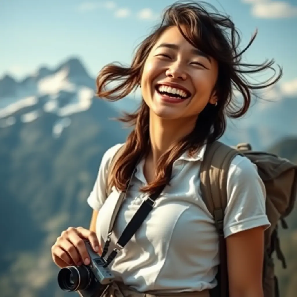 An adventurous explorer woman against a breathtaking mountain backdrop, wearing hiking gear, her joyful laughter echoing through the air, wind tousling her hair and a camera slung around her neck., Highly Detailed, Half Body, Gorgeous, Stunning, Elegant by Stanley Artgerm Lau