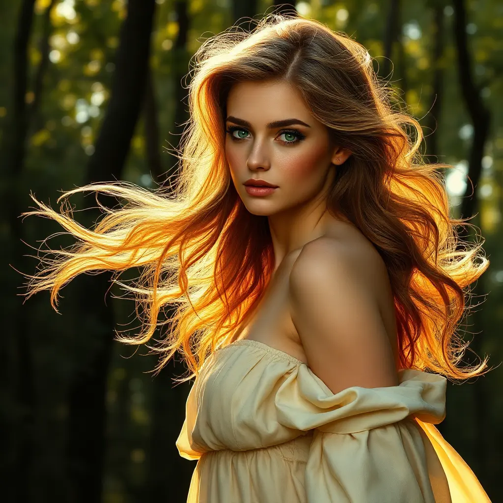 A radiant woman with flowing sun-kissed hair, emerald eyes, and a flowing silk gown, reminiscent of a Pre-Raphaelite masterpiece, in a serene forest at golden hour, Highly Detailed, Half Body, Gorgeous, Stunning, Elegant by Stanley Artgerm Lau