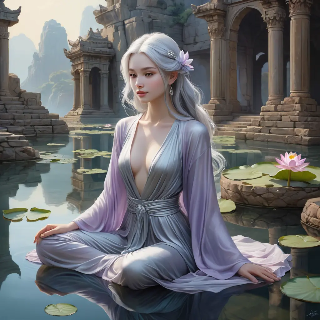 A serene depiction of a woman with pale lavender skin and flowing silver hair, sitting lotus-positioned atop a tranquil lotus flower in an otherworldly, bioluminescent pond, surrounded by ancient stone ruins., Highly Detailed, Half Body, Gorgeous, Stunning, Elegant by Stanley Artgerm Lau