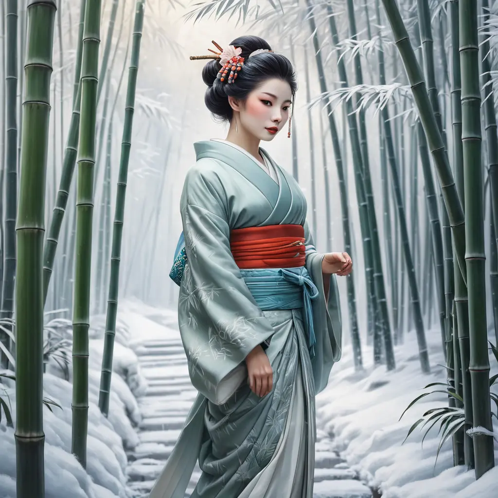 A serene geisha walking alone in a snowy bamboo forest, Highly Detailed, Half Body, Gorgeous, Stunning, Elegant by Stanley Artgerm Lau