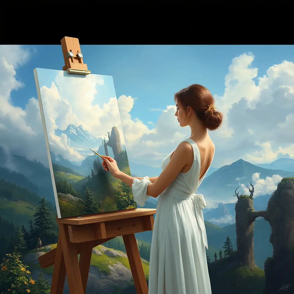 a creative woman painting a beautiful landscape, Highly Detailed, Half Body, Gorgeous, Stunning, Elegant by Stanley Artgerm Lau