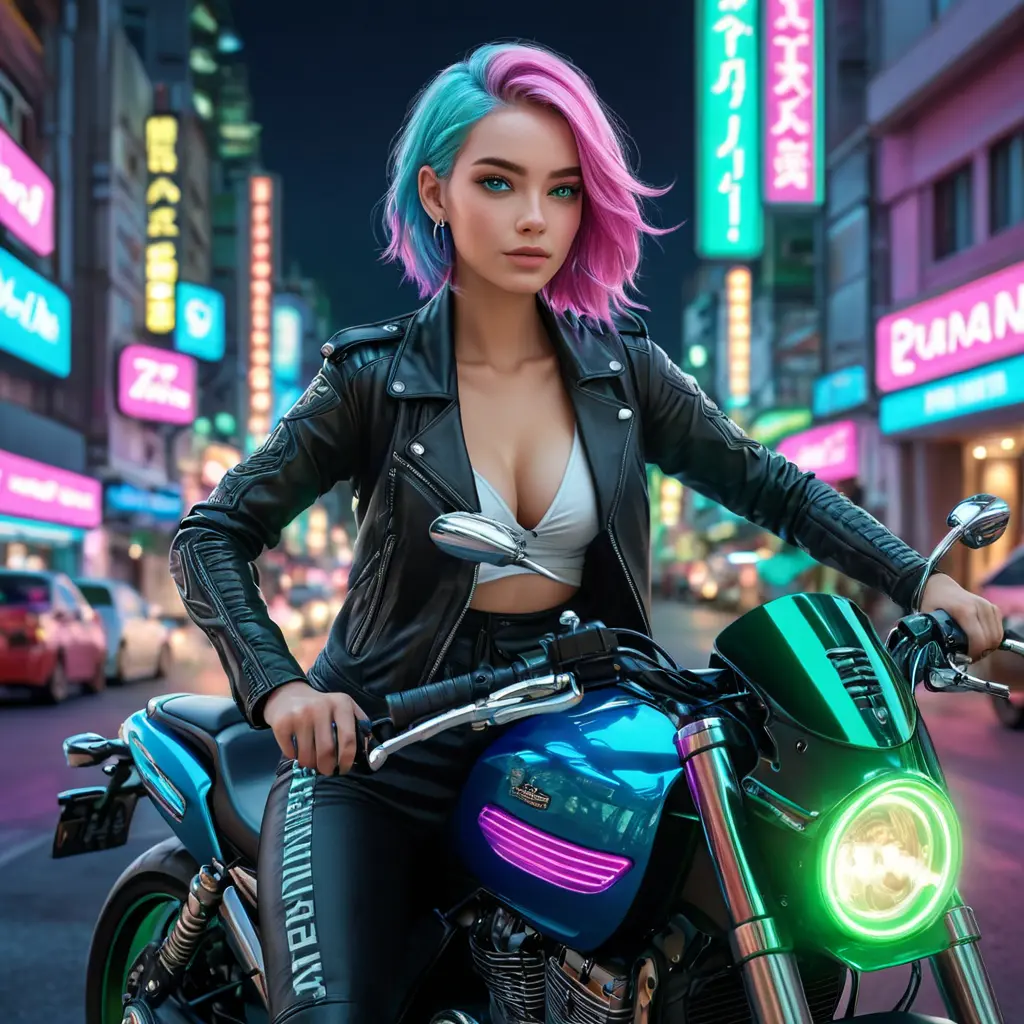 A woman with pink hair and heterochromatic eyes (one blue, one green), riding her motorcycle through neon-lit city streets at night, Highly Detailed, Intricate, Half Body, Realistic