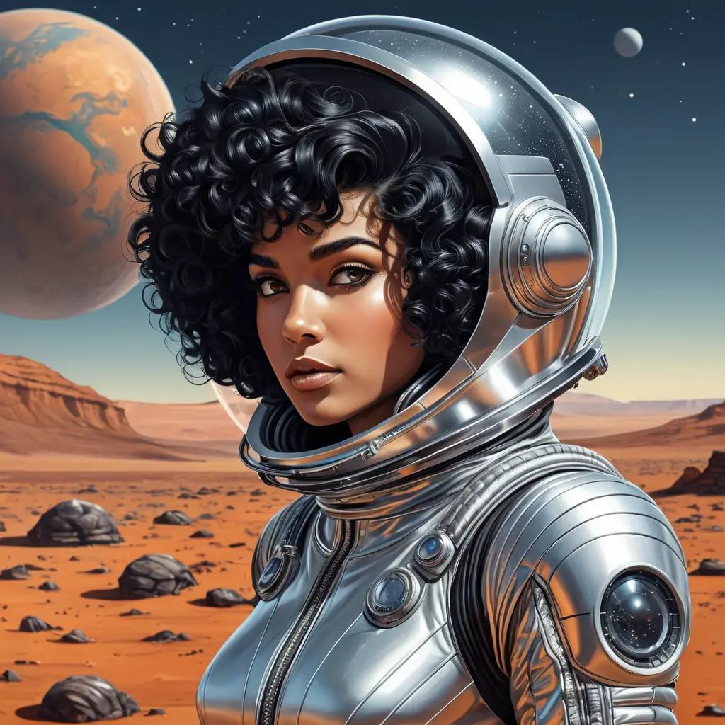 A retro-futuristic illustration of a woman with curly black hair and dark features, wearing a stylish silver spacesuit, exploring Mars' surface, Highly Detailed, Intricate, Half Body, Realistic