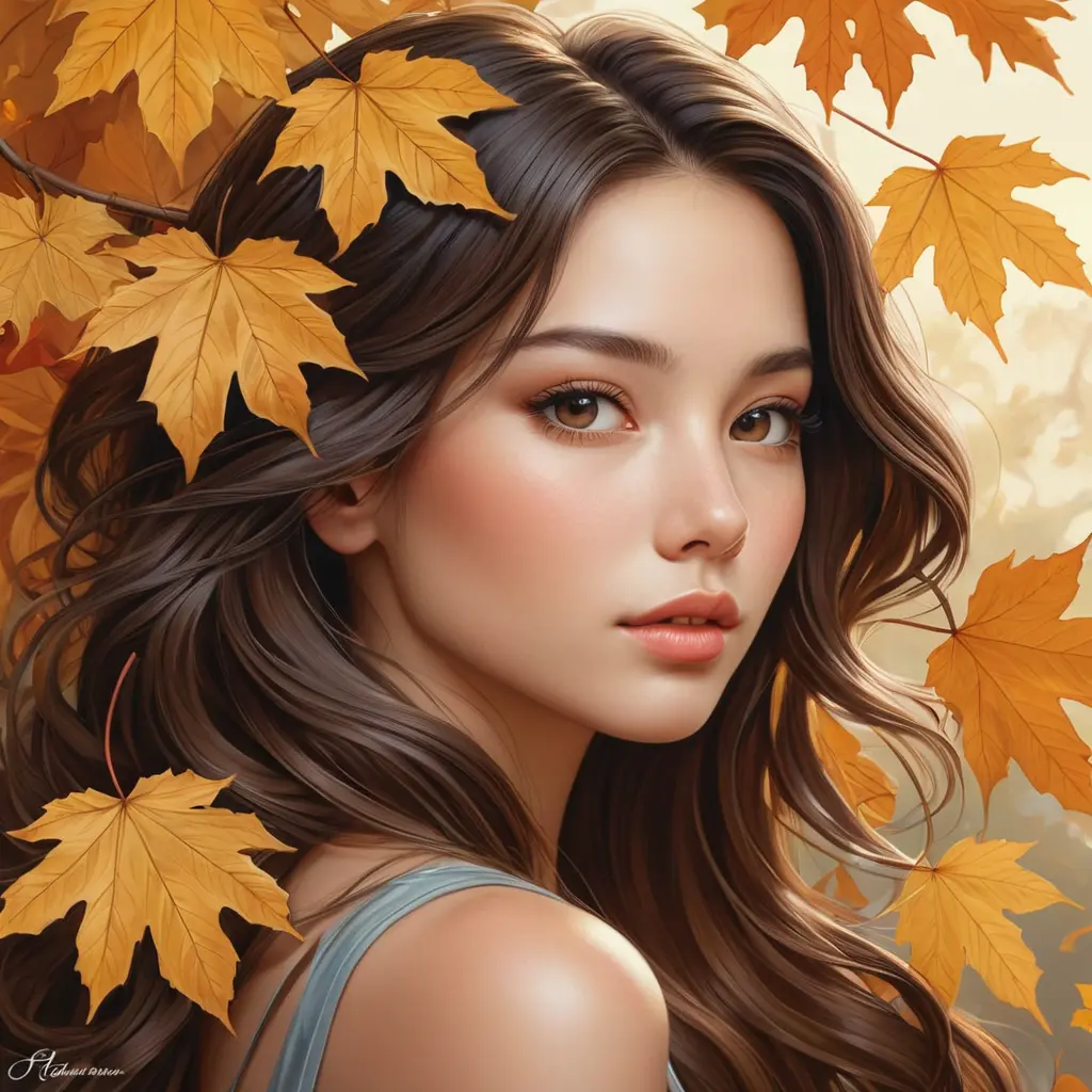 A soft-spoken poetess with an aura of quiet introspection, surrounded by the gentle whispers of autumn leaves, Highly Detailed, Half Body, Gorgeous, Stunning, Elegant by Stanley Artgerm Lau