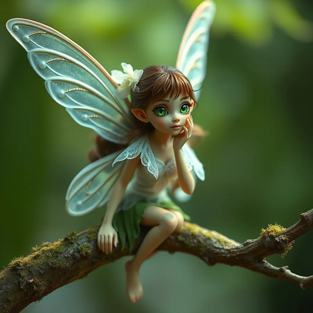 a mischievous fairy with delicate wings and sparkling emerald eyes, perched on a mossy branch, Highly Detailed, Half Body, Gorgeous, Stunning, Elegant by Stanley Artgerm Lau