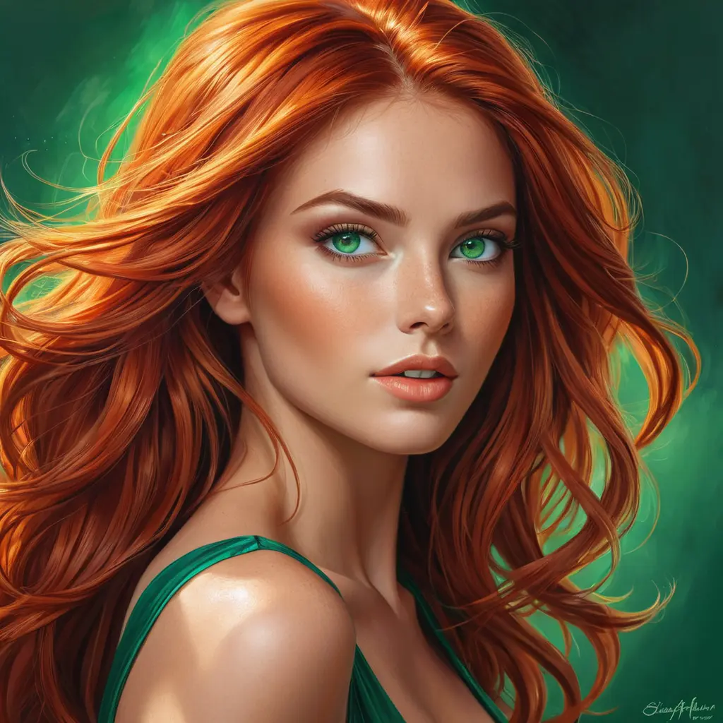 A vibrantly beautiful woman with fiery red hair, emerald green eyes, and a passionate expression, radiating energy and intensity, Highly Detailed, Half Body, Gorgeous, Stunning, Elegant by Stanley Artgerm Lau