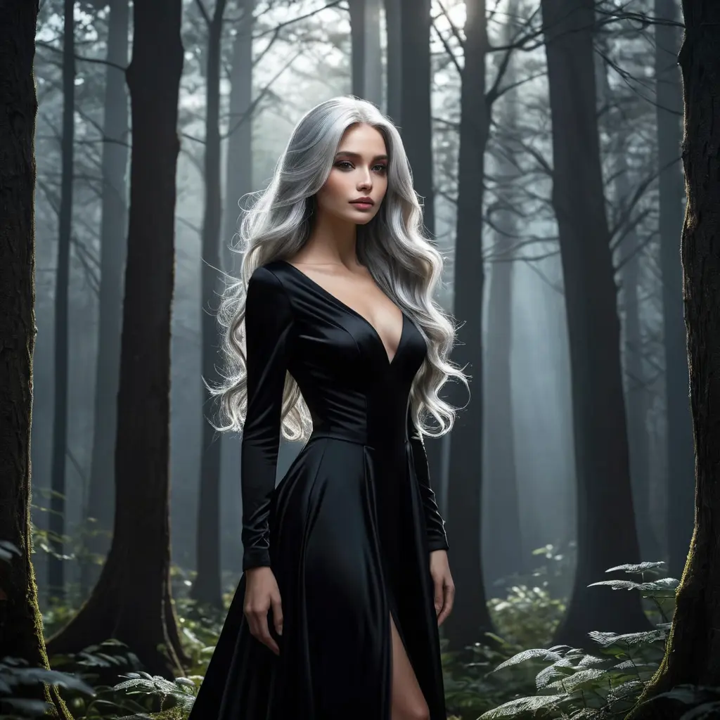 A mysterious woman with long silver hair, dressed in a sleek black gown, standing in a moonlit forest, shadows casting over her face, a mystical aura surrounding her, dramatic lighting, high contrast, Highly Detailed, Half Body, Gorgeous, Stunning, Elegant by Stanley Artgerm Lau