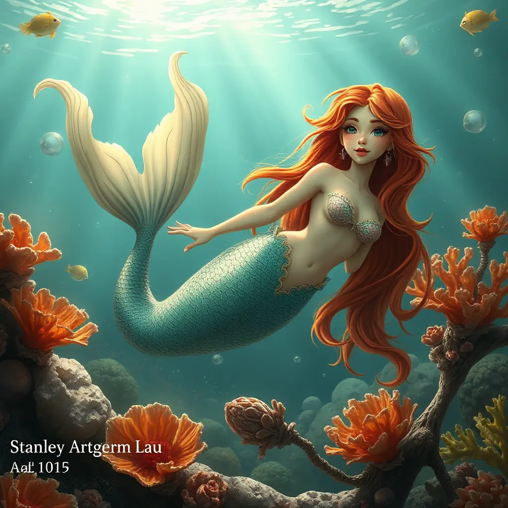 a whimsical mermaid with shimmering scales and a flowing auburn mane, swimming amidst coral reefs, Highly Detailed, Half Body, Gorgeous, Stunning, Elegant by Stanley Artgerm Lau