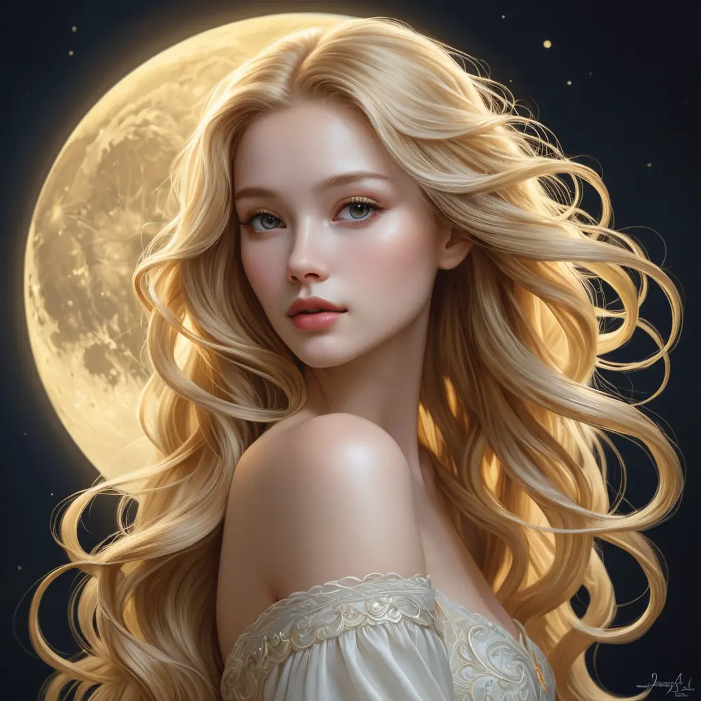 An ethereal woman with porcelain skin and cascading golden locks, illuminated by the soft glow of a full moon, Highly Detailed, Half Body, Gorgeous, Stunning, Elegant by Stanley Artgerm Lau