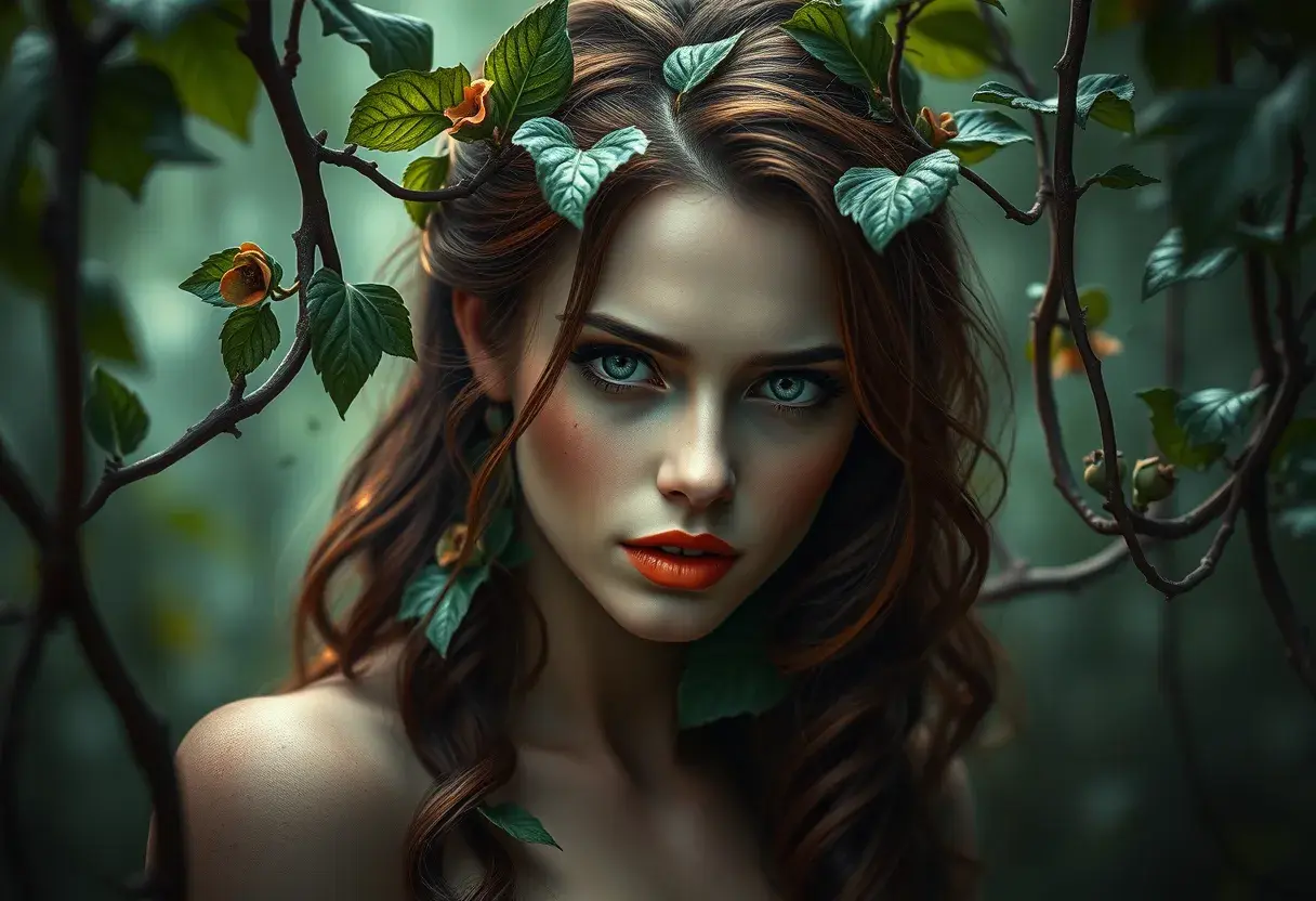 Alluring matte portrait of Poison Ivy in the style of Stefan Kostic, 8k, Highly Detailed, Intricate, Half Body, Matte Painting, Realistic, Sharp Focus, Fantasy by Greg Rutkowski