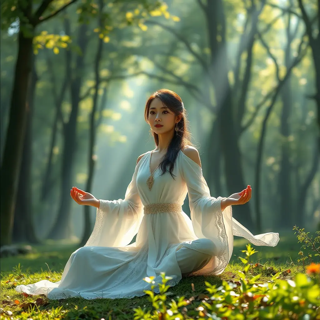 a serene woman meditating in a peaceful forest, Highly Detailed, Half Body, Gorgeous, Stunning, Elegant by Stanley Artgerm Lau