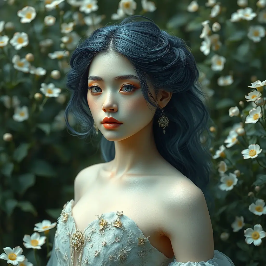 Ethereal beauty with skin as porcelain and hair as night sky, standing amidst an ancient, overgrown garden filled with moonflowers., Highly Detailed, Half Body, Gorgeous, Stunning, Elegant by Stanley Artgerm Lau