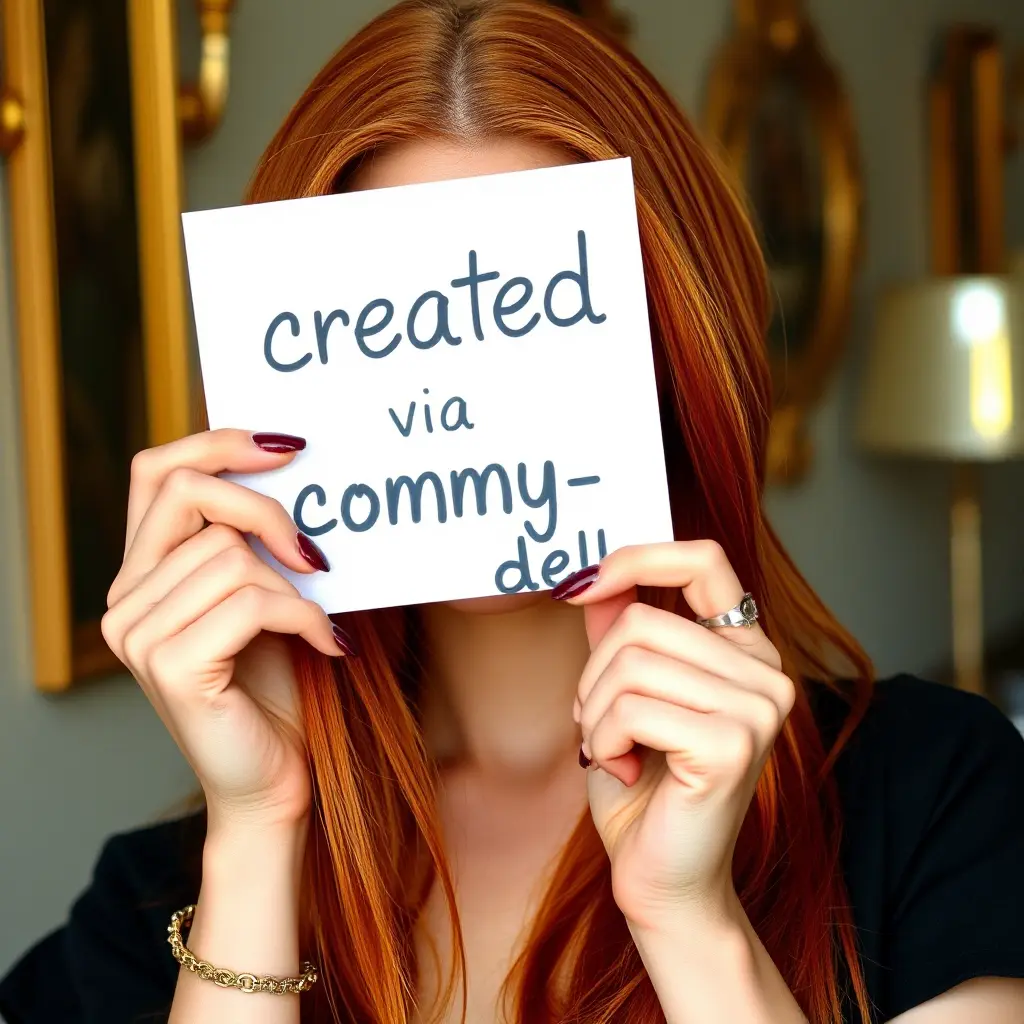 A stunning woman with long, straight red hair and bright blue eyes, holding up a sign that says "created via comfy-dell", Highly Detailed, Half Body, Gorgeous, Stunning, Elegant