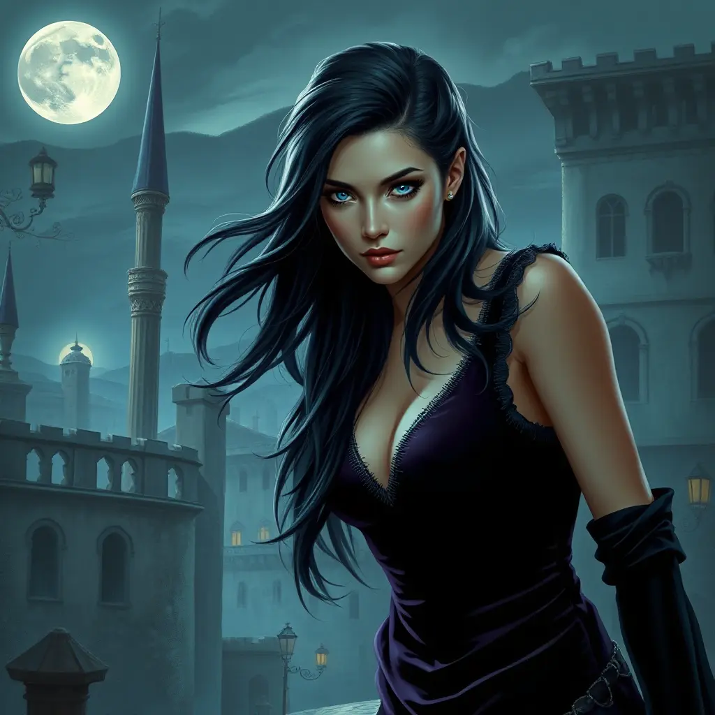 A mysterious woman with long raven hair, piercing blue eyes, and a form-fitting velvet dress, set against a backdrop of a moonlit Renaissance cityscape, Highly Detailed, Half Body, Gorgeous, Stunning, Elegant by Stanley Artgerm Lau