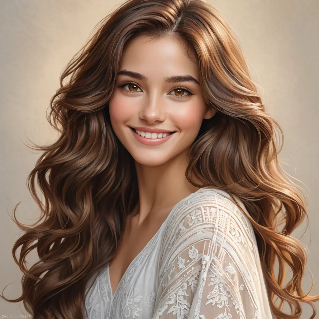 A dreamily beautiful woman with long, wavy brown hair, soft brown eyes, and a gentle smile, radiating warmth and kindness, Highly Detailed, Half Body, Gorgeous, Stunning, Elegant by Stanley Artgerm Lau