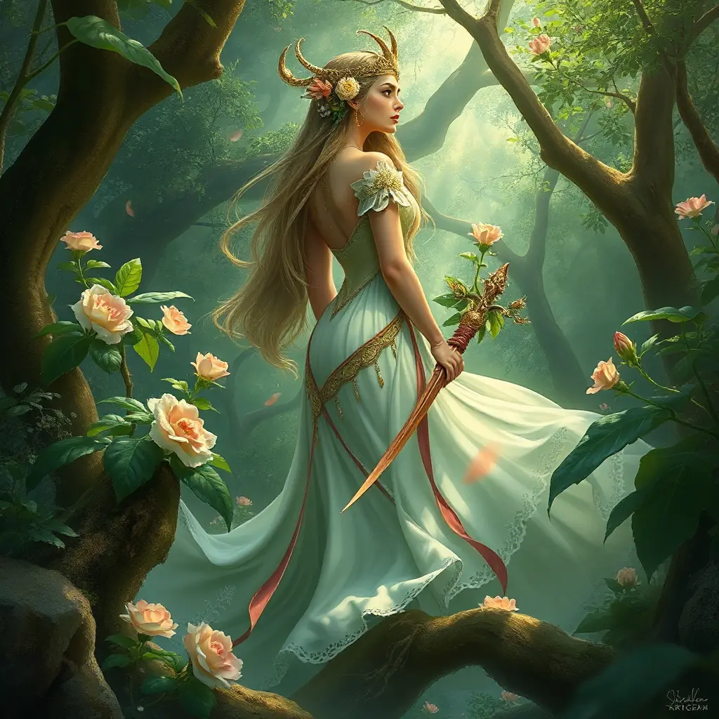 A serene goddess of nature, immersed in a lush, blooming forest, Highly Detailed, Half Body, Gorgeous, Stunning, Elegant by Stanley Artgerm Lau