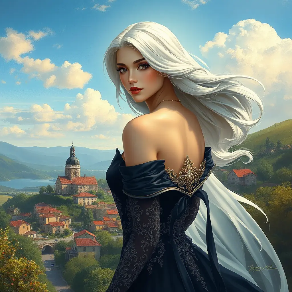 A majestic lady with an enigmatic smile and platinum hair, standing atop a hill overlooking a picturesque village, Highly Detailed, Half Body, Gorgeous, Stunning, Elegant by Stanley Artgerm Lau