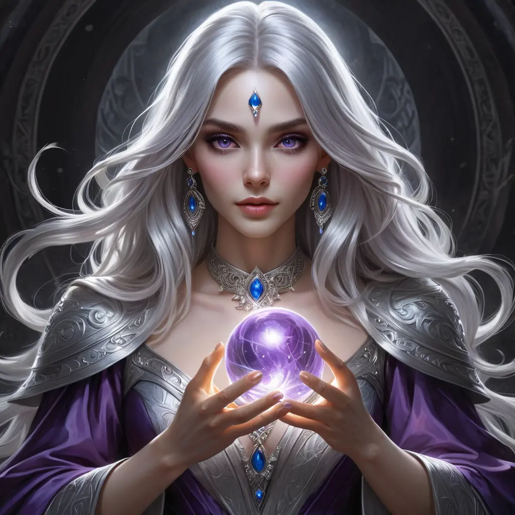 a mysterious sorceress with long silver hair and piercing violet eyes, holding a glowing orb in her hands, Highly Detailed, Half Body, Gorgeous, Stunning, Elegant by Stanley Artgerm Lau