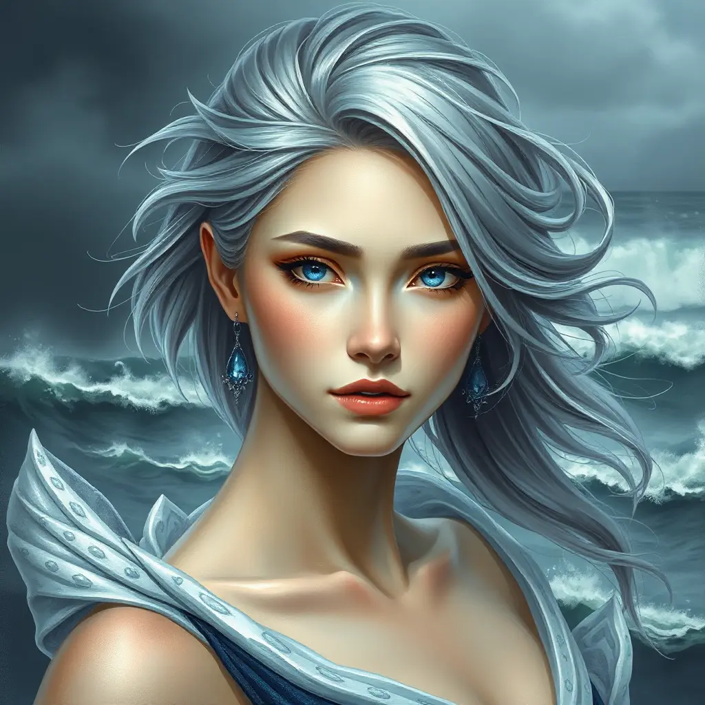 A poised beauty with piercing sapphire eyes and silver hair, standing against a backdrop of a stormy sea, Highly Detailed, Half Body, Gorgeous, Stunning, Elegant by Stanley Artgerm Lau