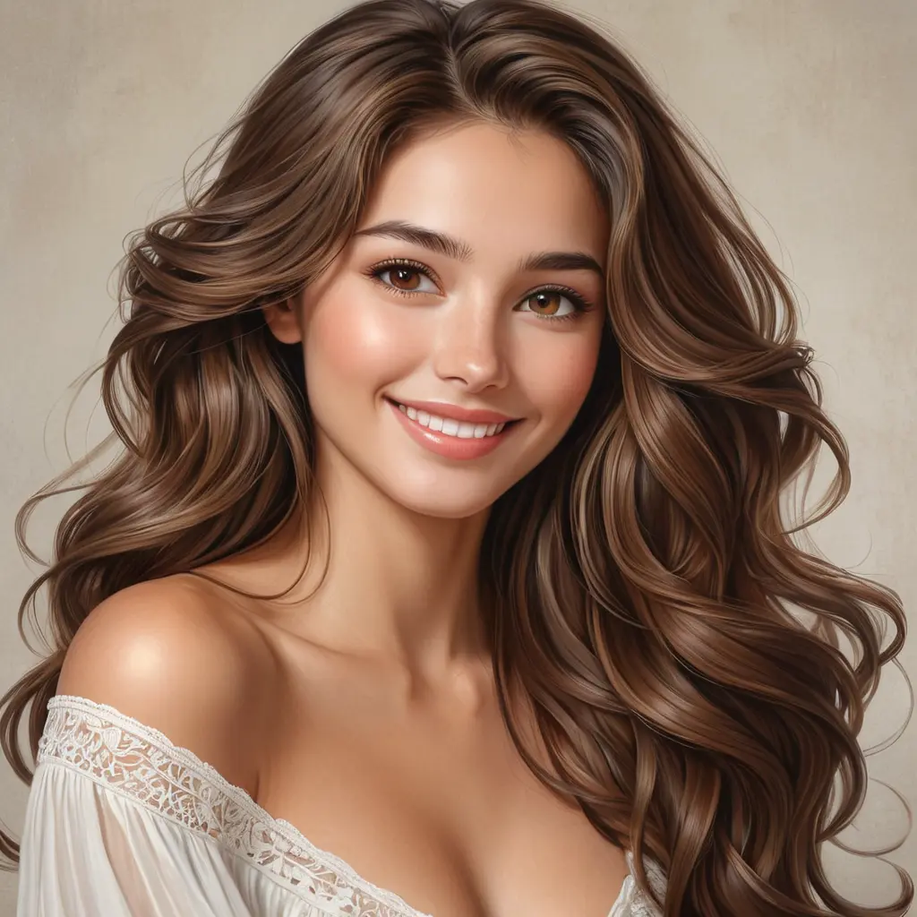 A dreamily beautiful woman with long, wavy brown hair, soft brown eyes, and a gentle smile, radiating warmth and kindness, Highly Detailed, Half Body, Gorgeous, Stunning, Elegant by Stanley Artgerm Lau