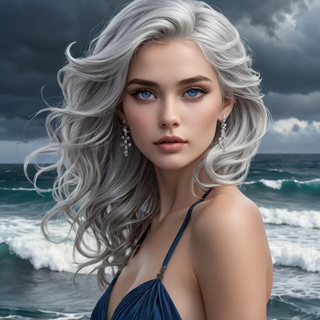 A poised beauty with piercing sapphire eyes and silver hair, standing against a backdrop of a stormy sea, Highly Detailed, Half Body, Gorgeous, Stunning, Elegant by Stanley Artgerm Lau