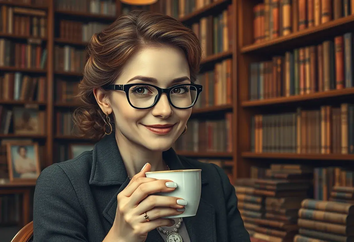 Woman with glasses and a kind smile, holding a cup of coffee while sitting quietly in an antique bookstore, Highly Detailed, Intricate, Half Body, Realistic