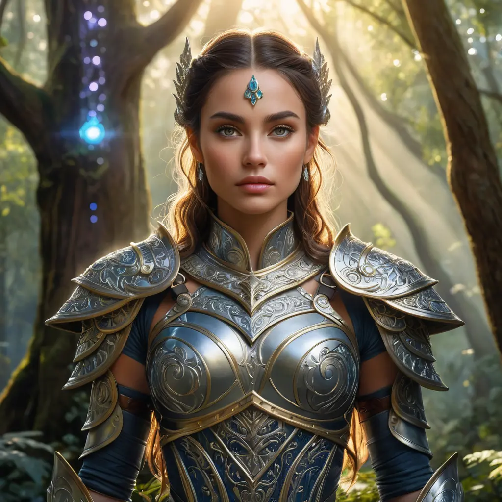 A majestic warrior woman in ornate armor, standing in a mystical forest, her piercing eyes reflecting confidence and strength, surrounded by ethereal glowing lights and ancient trees., Highly Detailed, Half Body, Gorgeous, Stunning, Elegant by Stanley Artgerm Lau