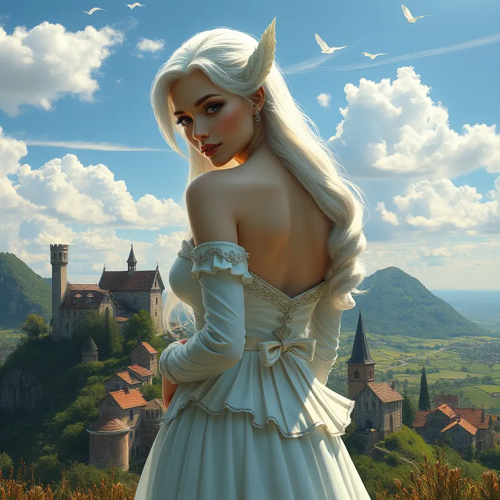 A majestic lady with an enigmatic smile and platinum hair, standing atop a hill overlooking a picturesque village, Highly Detailed, Half Body, Gorgeous, Stunning, Elegant by Stanley Artgerm Lau