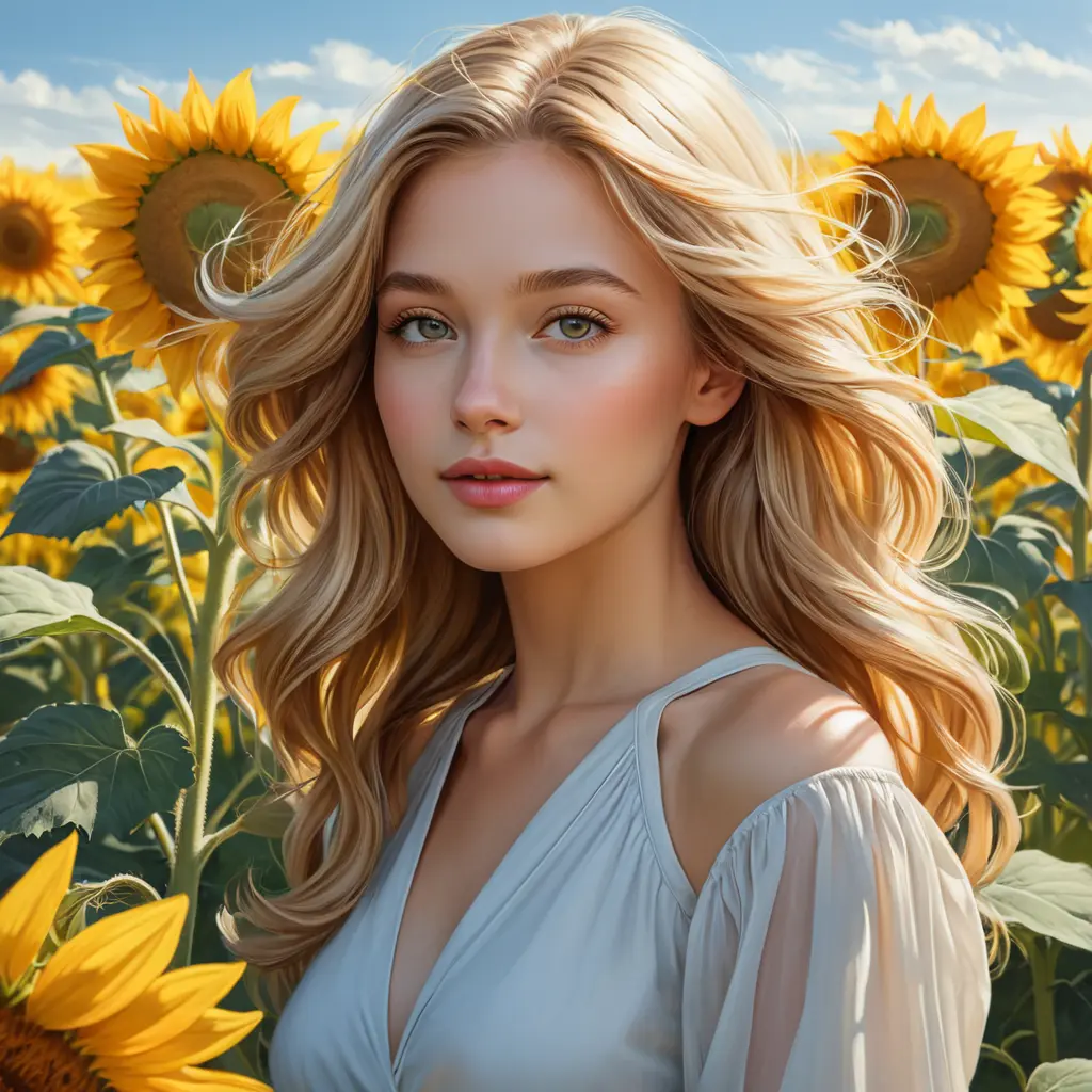 A luminous lady with a serene expression and flaxen hair, standing in a field of sunflowers under a clear sky, Highly Detailed, Half Body, Gorgeous, Stunning, Elegant by Stanley Artgerm Lau