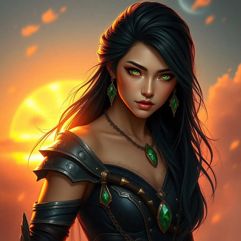 A strong and regal warrior queen with piercing emerald eyes and raven-black hair, set against a fiery sunset, Highly Detailed, Half Body, Gorgeous, Stunning, Elegant by Stanley Artgerm Lau