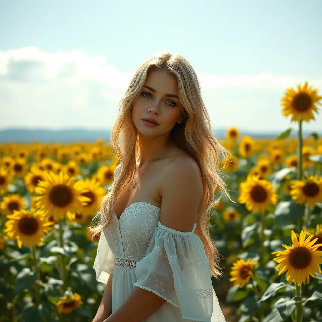 A luminous lady with a serene expression and flaxen hair, standing in a field of sunflowers under a clear sky, Highly Detailed, Half Body, Gorgeous, Stunning, Elegant by Stanley Artgerm Lau