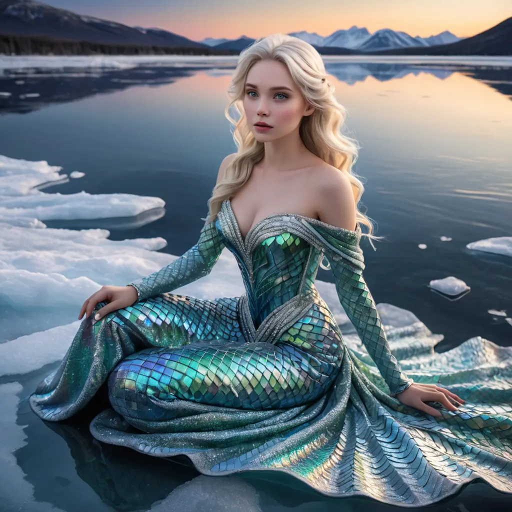 An enchanting portrayal of a woman with porcelain skin and ice-blonde hair, seated at the edge of a frozen lake, wearing a shimmering gown made from thousands of iridescent scales, reflecting the Northern Lights above., Highly Detailed, Half Body, Gorgeous, Stunning, Elegant by Stanley Artgerm Lau