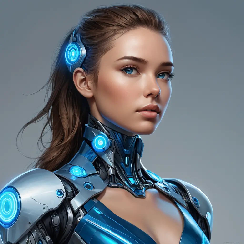 a futuristic cyborg with glowing blue circuitry and sharp, angular features, staring intently into the distance, Highly Detailed, Half Body, Gorgeous, Stunning, Elegant by Stanley Artgerm Lau