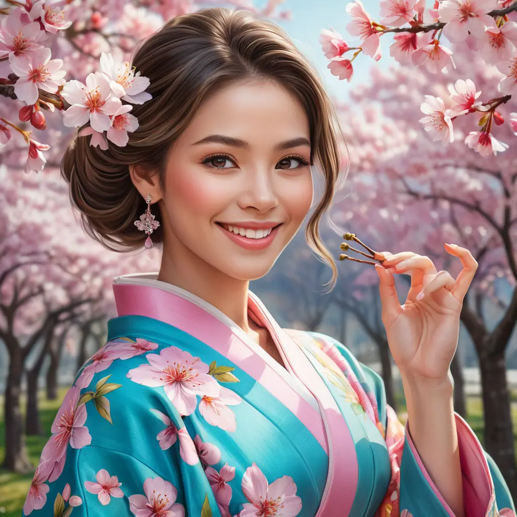 A beautiful woman with a radiant smile, surrounded by blooming cherry blossom trees, wearing a colorful kimono, capturing the essence of spring and renewal in her expression., Highly Detailed, Half Body, Gorgeous, Stunning, Elegant by Stanley Artgerm Lau