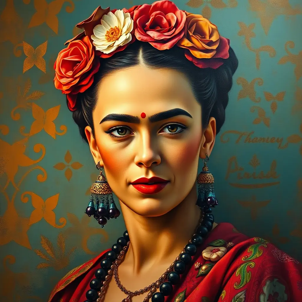 A captivating Frida Kahlo painting come to life, filled with vibrant colors and symbols, Highly Detailed, Half Body, Gorgeous, Stunning, Elegant by Stanley Artgerm Lau