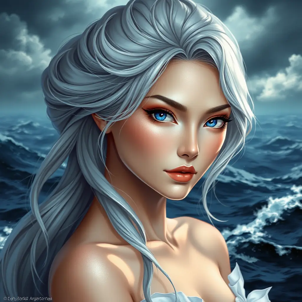 A poised beauty with piercing sapphire eyes and silver hair, standing against a backdrop of a stormy sea, Highly Detailed, Half Body, Gorgeous, Stunning, Elegant by Stanley Artgerm Lau