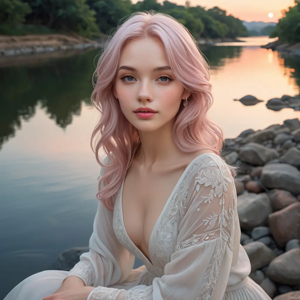 A delicate woman with a tranquil gaze and soft pink hair, seated beside a gently flowing river at dusk, Highly Detailed, Half Body, Gorgeous, Stunning, Elegant by Stanley Artgerm Lau