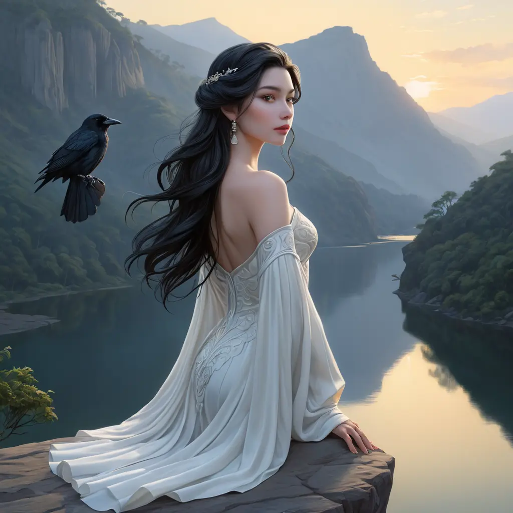 A serene and elegant woman with porcelain skin and raven hair stands atop a cliff overlooking a tranquil lake at dawn., Highly Detailed, Half Body, Gorgeous, Stunning, Elegant by Stanley Artgerm Lau