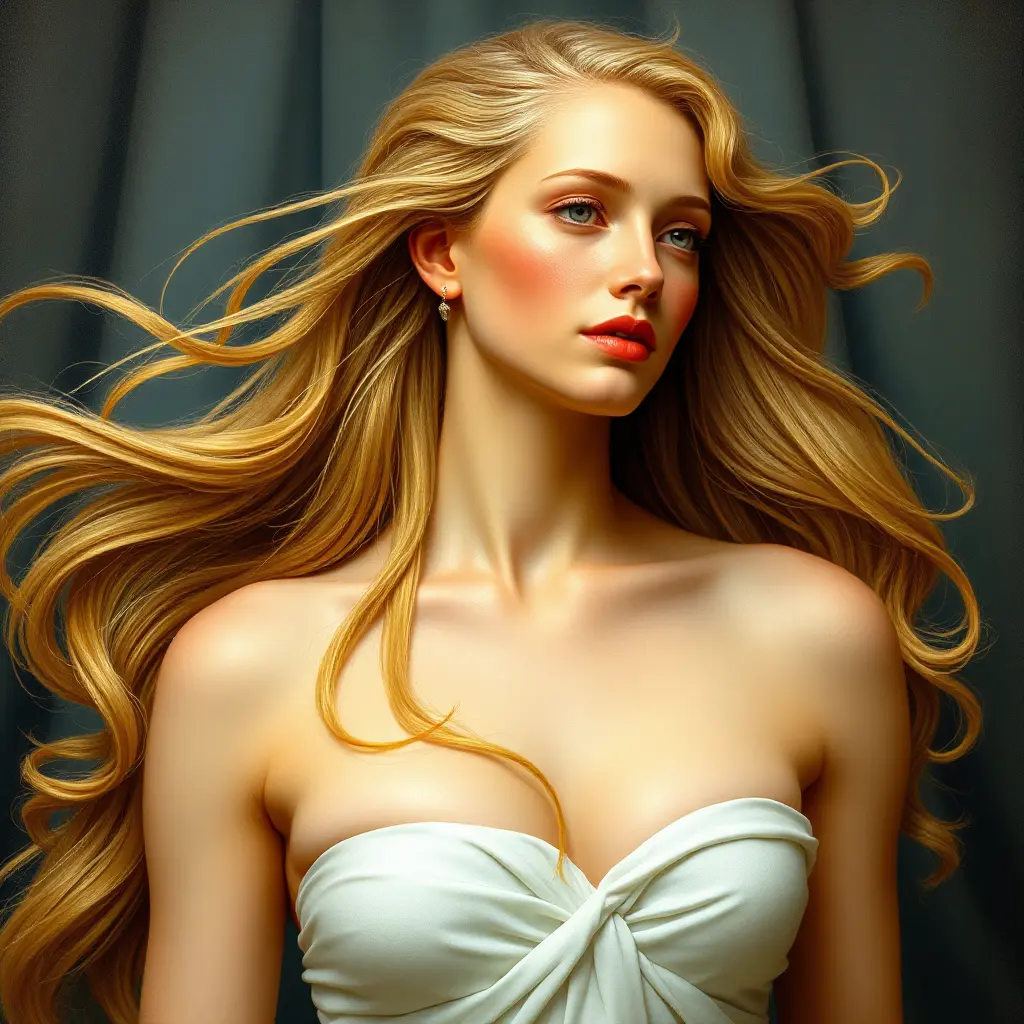 A beautiful woman inspired by the style of Botticelli's 'The Birth of Venus', with golden skin and flowing blonde hair, Highly Detailed, Half Body, Gorgeous, Stunning, Elegant