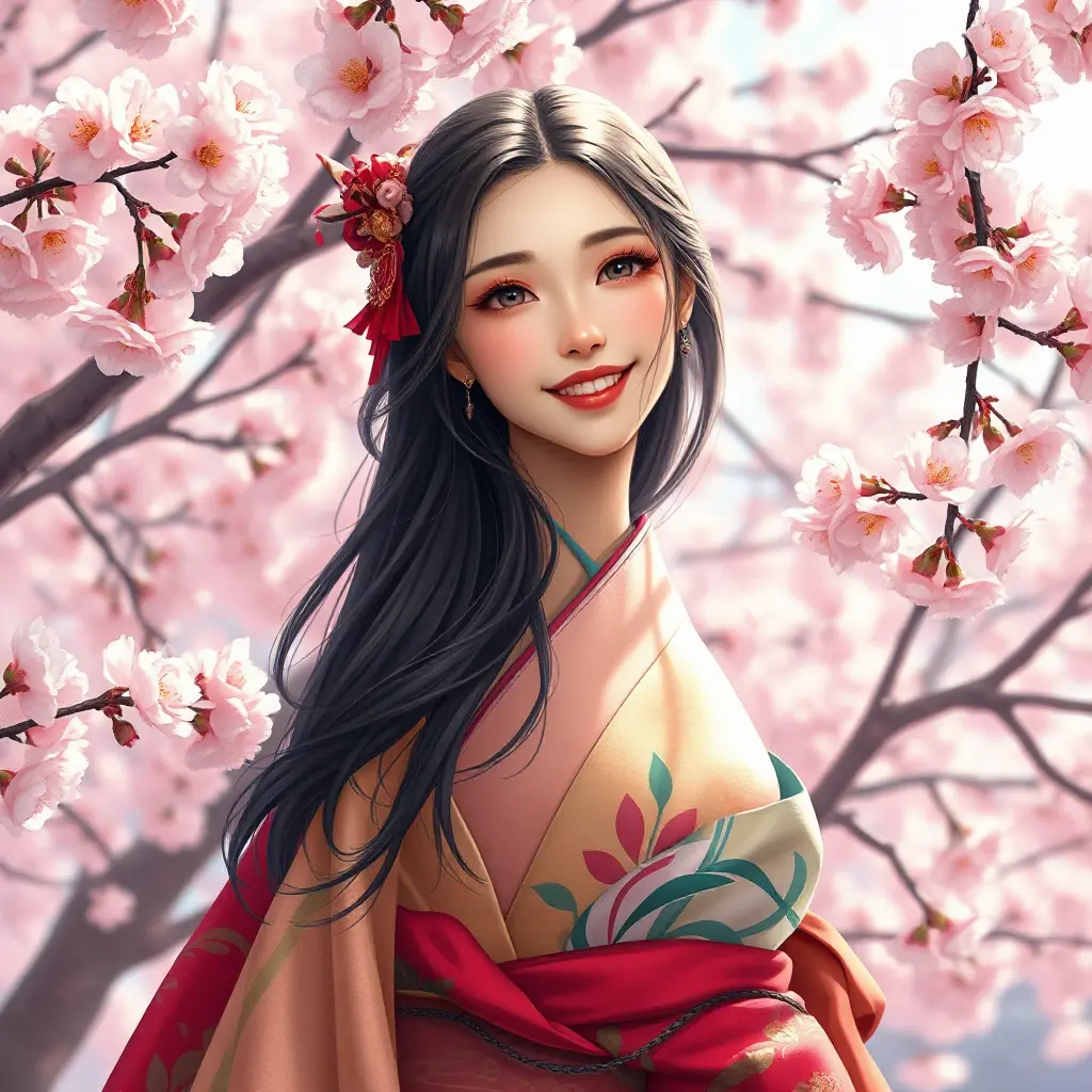 A beautiful woman with a radiant smile, surrounded by blooming cherry blossom trees, wearing a colorful kimono, capturing the essence of spring and renewal in her expression., Highly Detailed, Half Body, Gorgeous, Stunning, Elegant by Stanley Artgerm Lau