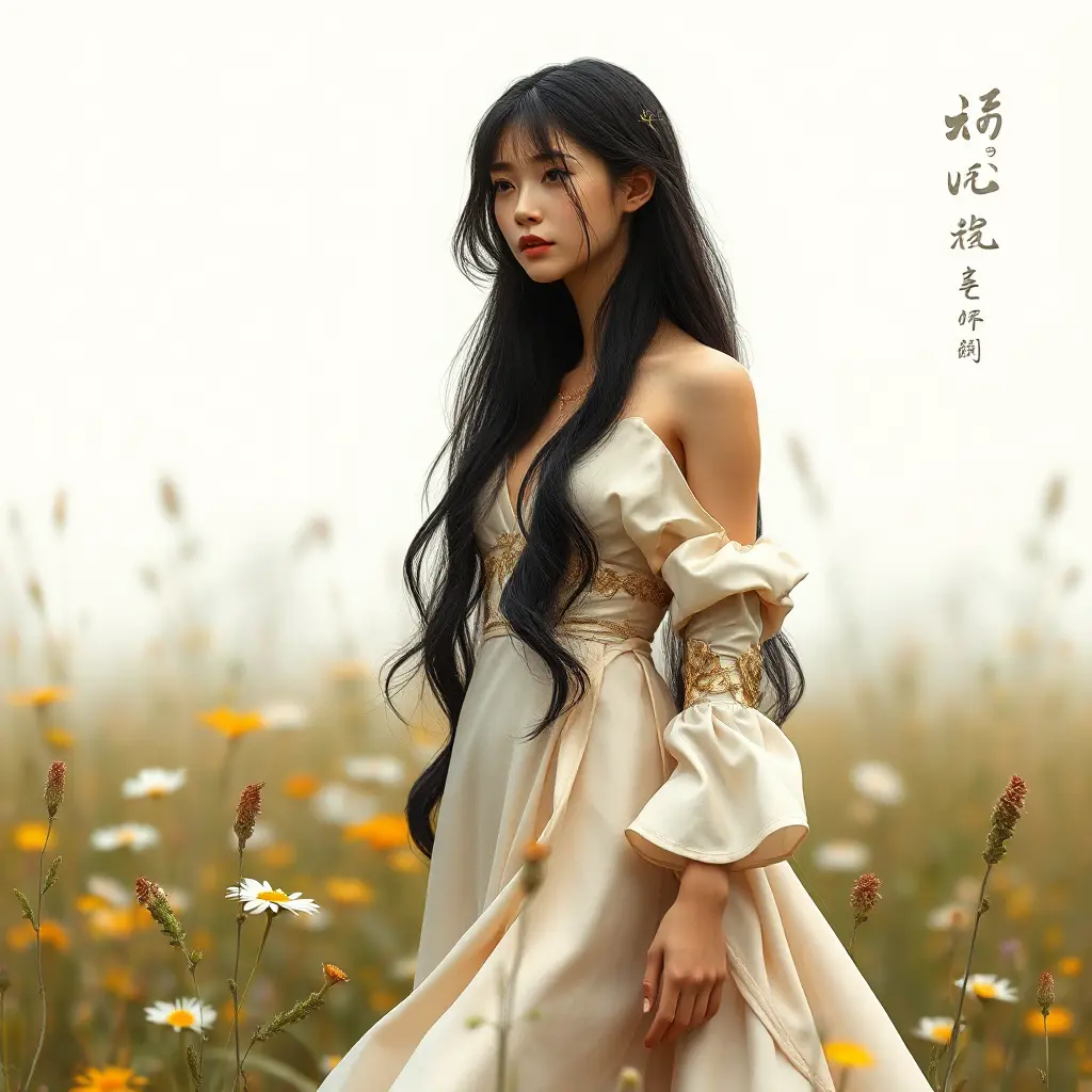 An ethereal beauty with long black hair, dressed in a delicate silk gown adorned with subtle golden accents, standing amidst a field of wildflowers, Highly Detailed, Half Body, Gorgeous, Stunning, Elegant by Stanley Artgerm Lau