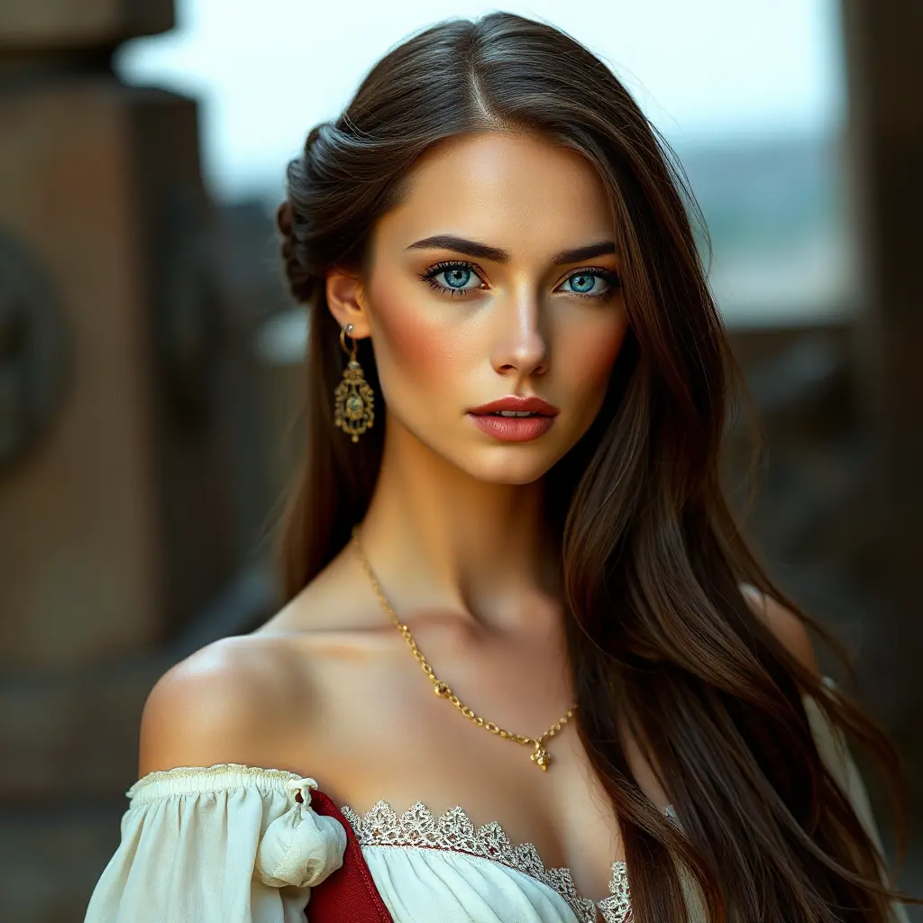 A gorgeous woman inspired by the Renaissance era, with long, straight brown hair and piercing blue eyes, Highly Detailed, Half Body, Gorgeous, Stunning, Elegant