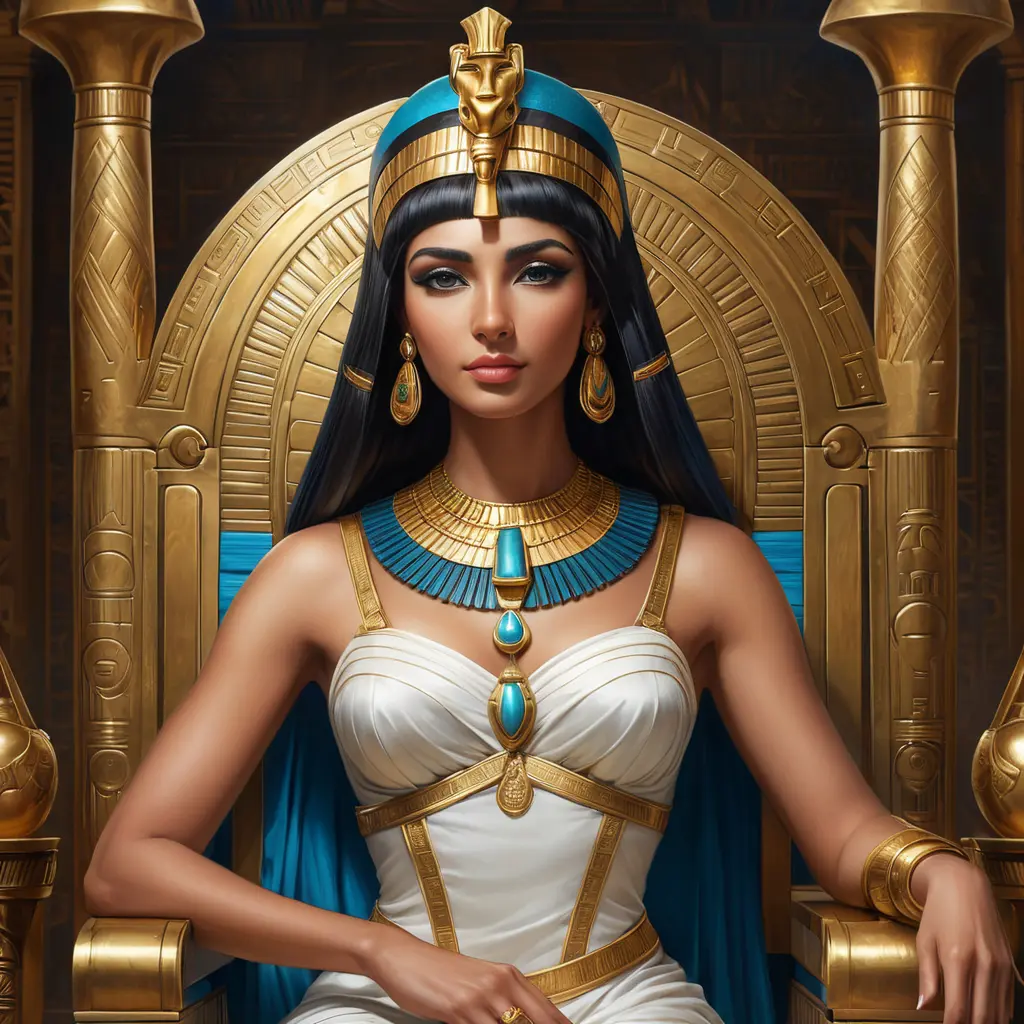 An elegant Cleopatra VII, the last Pharaoh of Ancient Egypt, sitting on her throne, Highly Detailed, Half Body, Gorgeous, Stunning, Elegant by Stanley Artgerm Lau