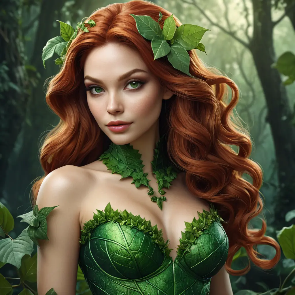 Alluring matte portrait of Poison Ivy in the style of Stefan Kostic, 8k, Highly Detailed, Intricate, Half Body, Matte Painting, Realistic, Sharp Focus, Fantasy by Greg Rutkowski