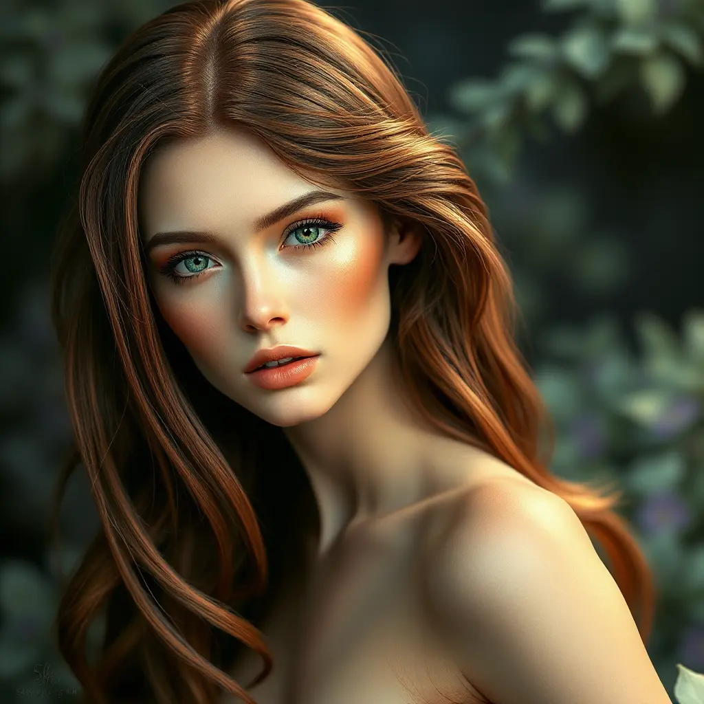 A breathtakingly beautiful woman with flowing auburn hair, emerald eyes, and a delicate porcelain complexion, ethereal and otherworldly, Highly Detailed, Half Body, Gorgeous, Stunning, Elegant by Stanley Artgerm Lau