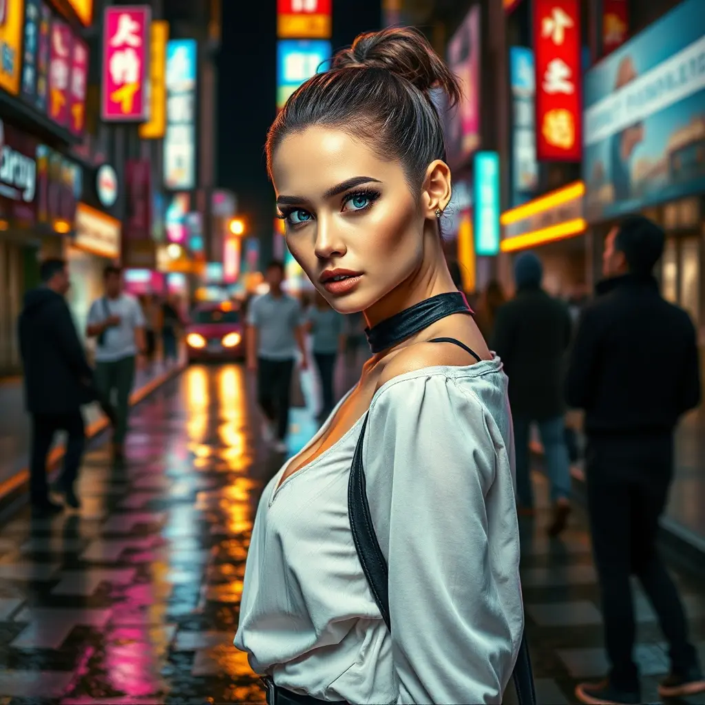 A captivating woman with piercing blue eyes, wearing a modern, stylish outfit, walking through a bustling city at night, neon lights reflecting off wet pavement, urban setting, dynamic composition, Highly Detailed, Half Body, Gorgeous, Stunning, Elegant by Stanley Artgerm Lau